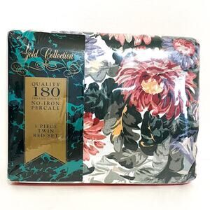 Vintage Floral Twin Size Sheet Set Coral Green Cottagecore Cotton Garden Retro